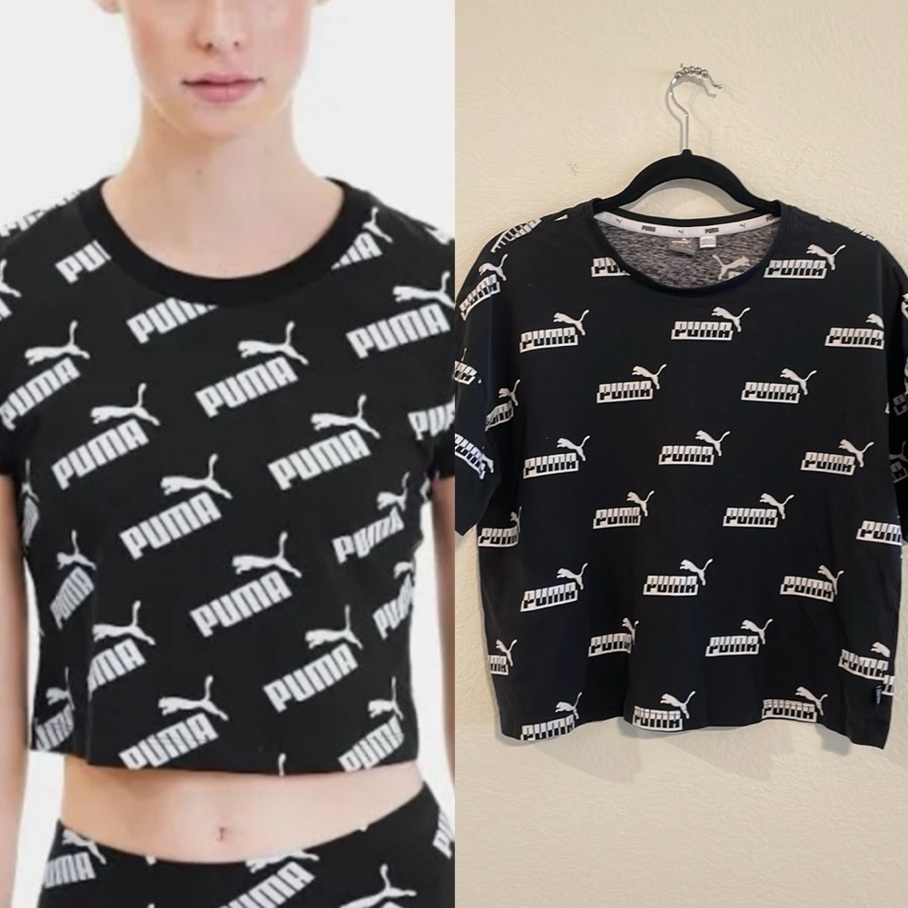 Puma Women T-Shirt Medium Black Logo Print Cotton Athletisure Streetwear Workout